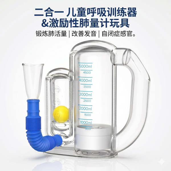 儿童呼吸训练玩具——二合一浮球吹管与风箱组合；材质光滑，专用于呼吸练习、深呼吸训练及室内派对游戏。